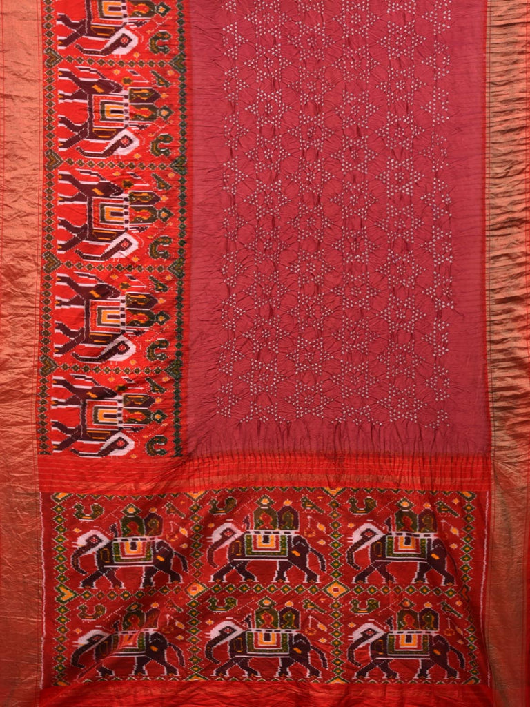 Burgundy Bandhani Ikat Silk Handloom Saree with Elephant Border Design bn0260