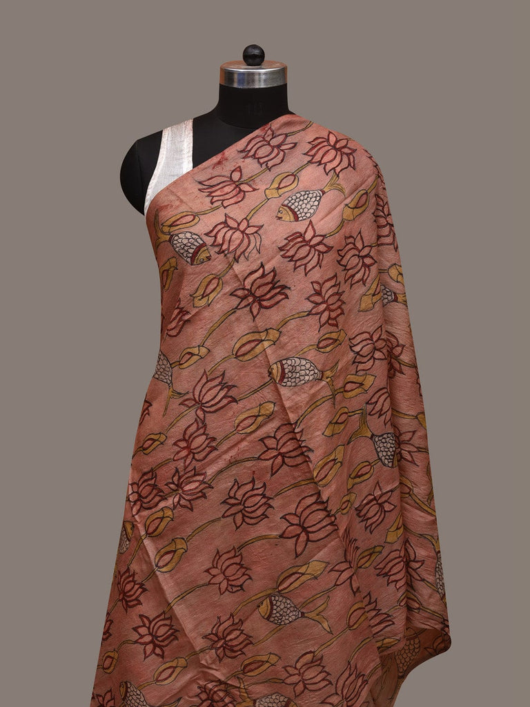 Burgundy Kalamkari Hand Painted Tussar Handloom Dupatta with Lotus Flowers and Fishes Design ds2978