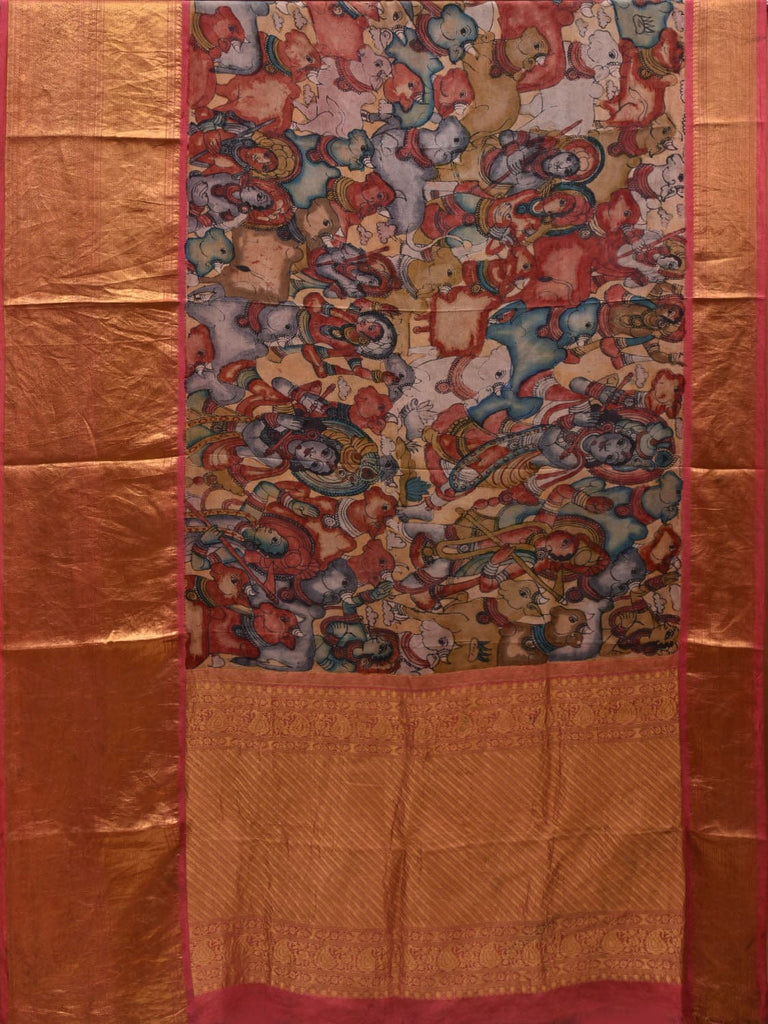 Cream and Baby Pink Kalamkari Hand Painted Kanchipuram Silk Handloom Saree with Krishna Leela Design KL0632