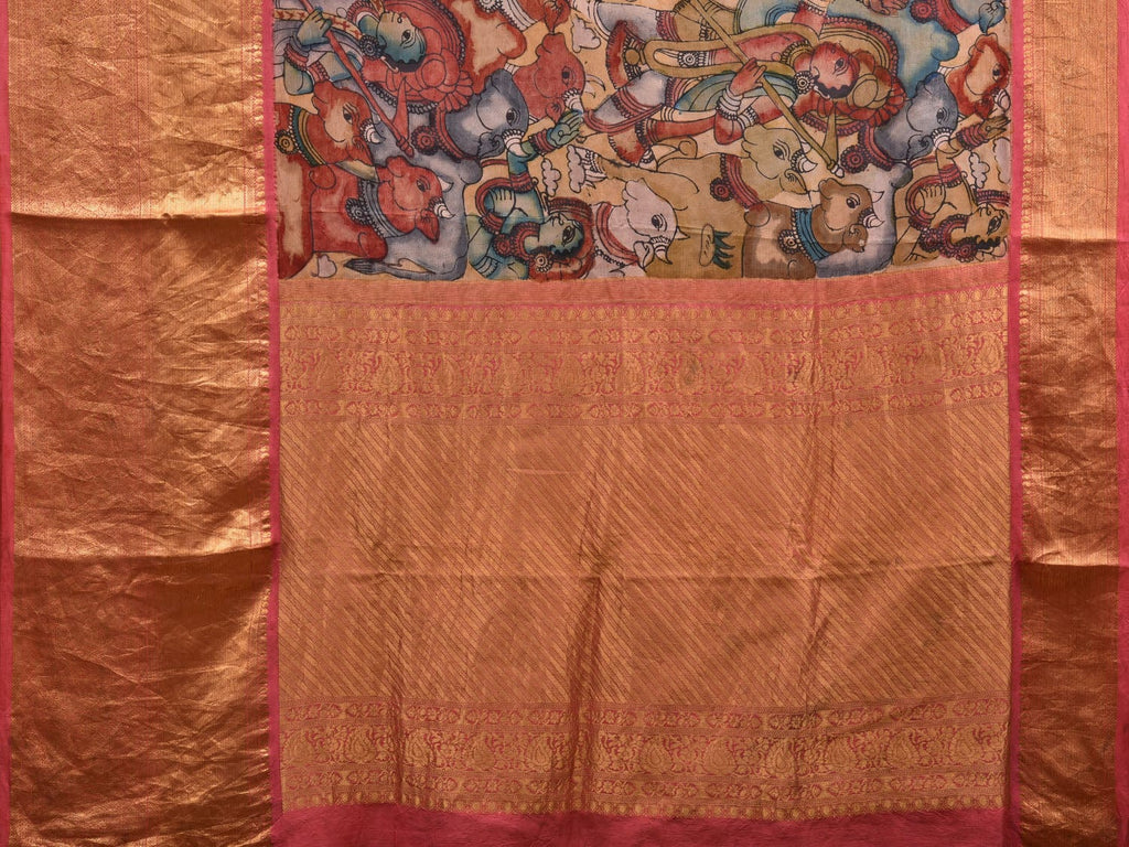 Cream and Baby Pink Kalamkari Hand Painted Kanchipuram Silk Handloom Saree with Krishna Leela Design KL0632