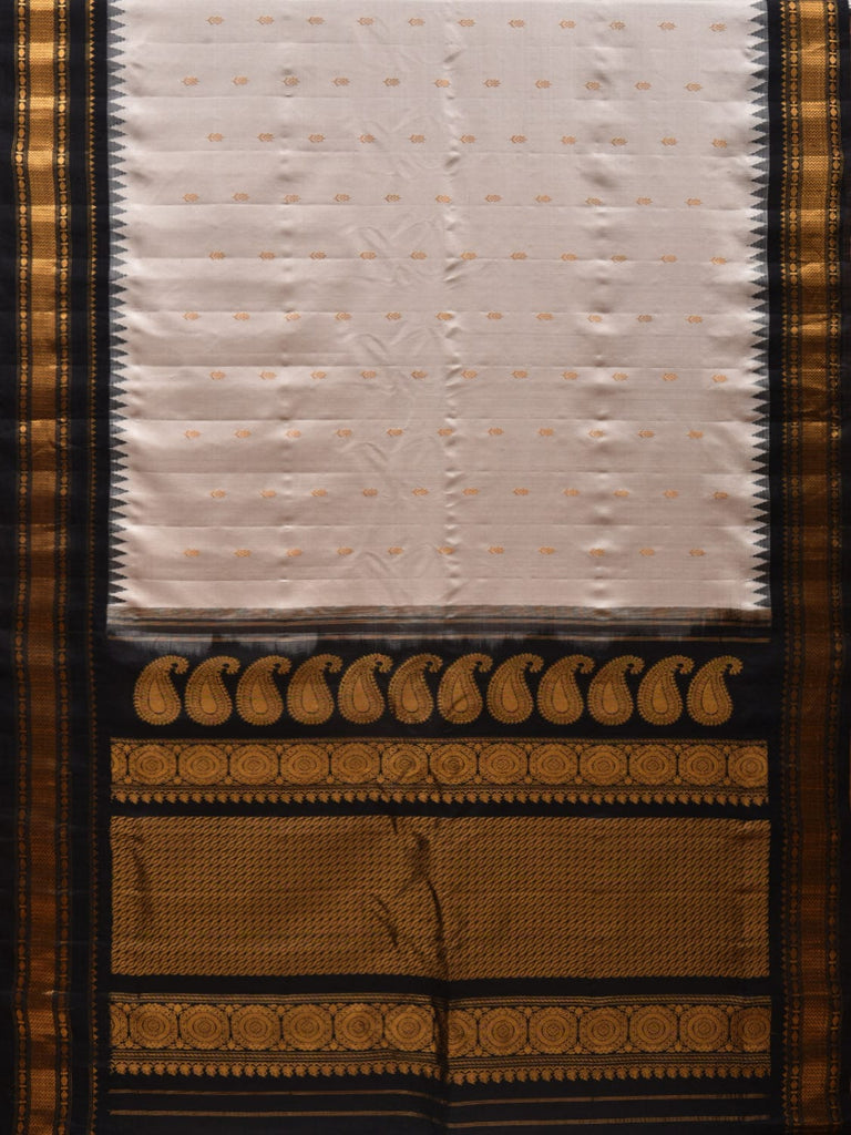 Cream and Black Gadwal Silk Handloom Saree with Mango Pallu and Temple Border Design g0313