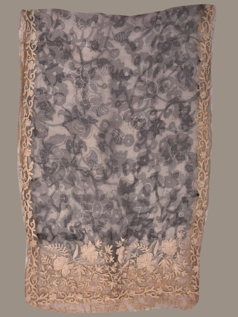 Cream and Black Kalamkari Hand Painted Organza Silk Stole with Floral and Embroidary Design ds2893