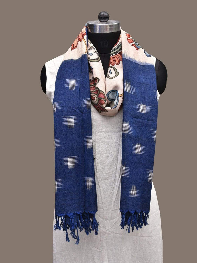 Cream and Blue Kalamkari Hand Painted Ikat Cotton Handloom Dupatta with Floral Design ds2282