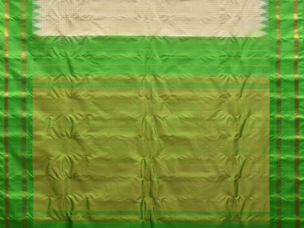 Cream and Green Gadwal Silk Handloom Saree with Checks Design g0282