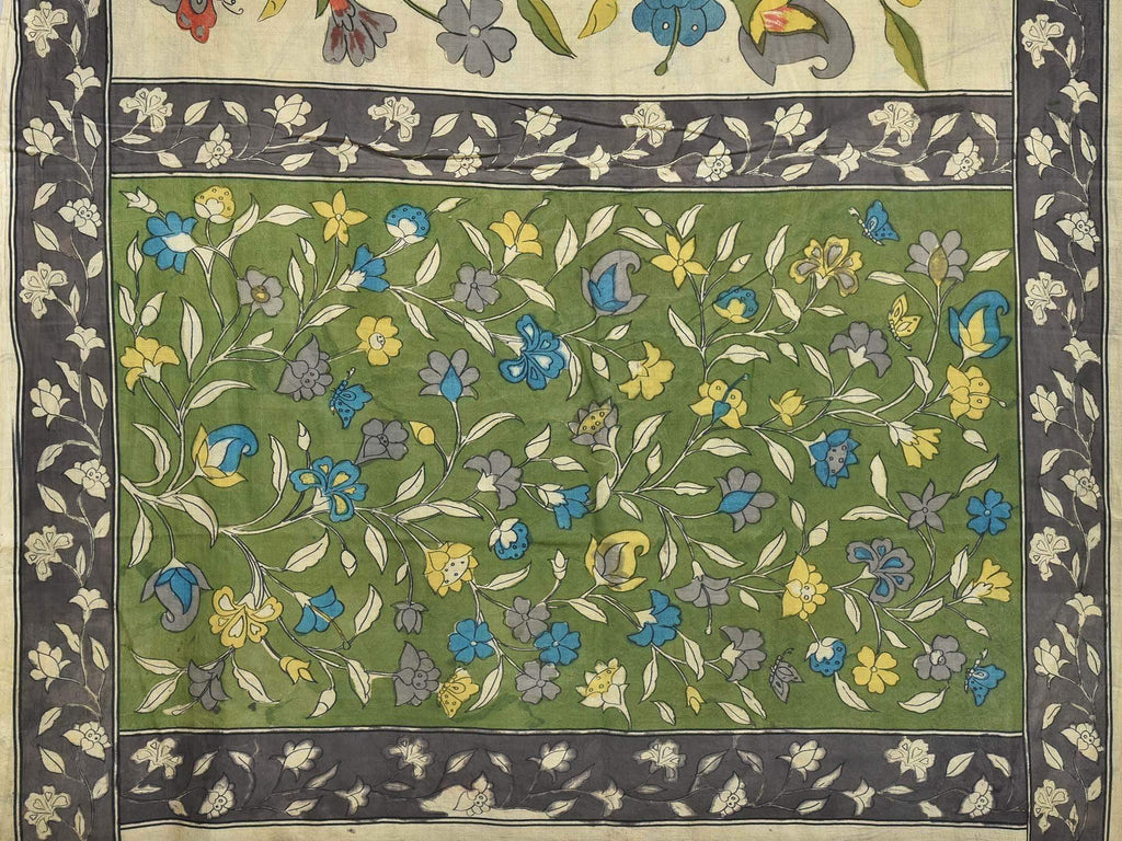 Cream and Green Kalamkari Hand Painted Cotton Handloom Saree with Flowers and Pallu Design kl0098
