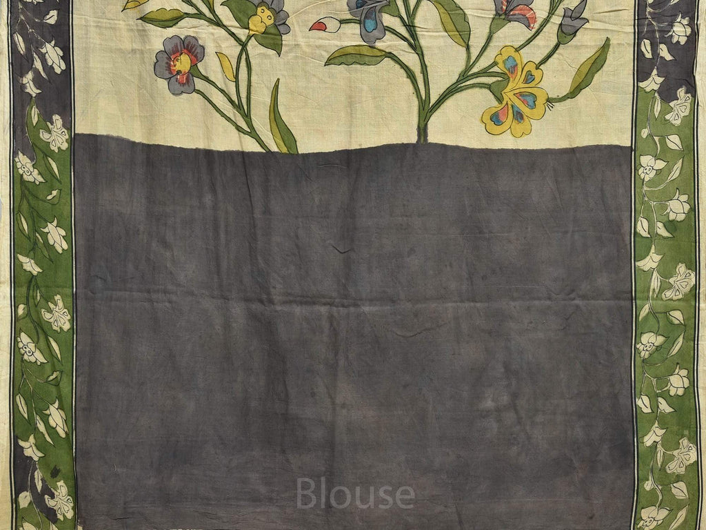 Cream and Green Kalamkari Hand Painted Cotton Handloom Saree with Flowers and Pallu Design kl0098