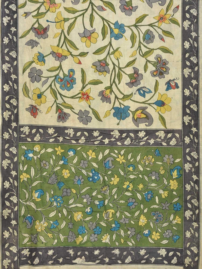 Cream and Green Kalamkari Hand Painted Cotton Handloom Saree with Flowers and Pallu Design kl0098