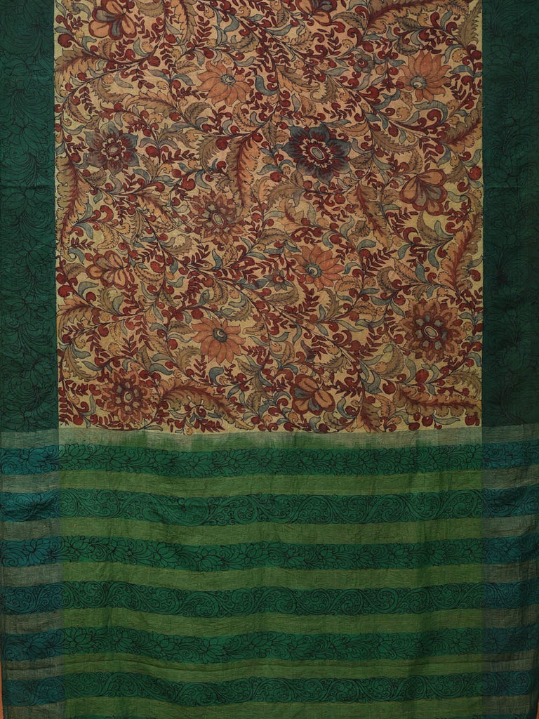 Cream and Green Kalamkari Hand Painted Gadwal Silk Handloom Saree with Floral Design KL0707