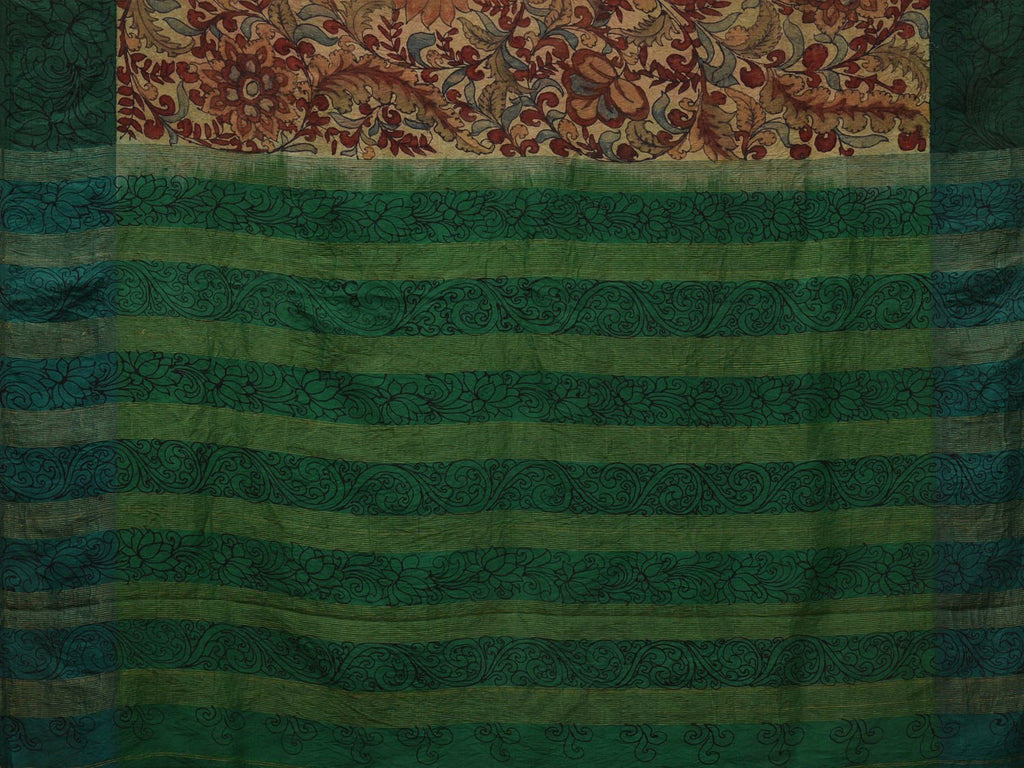 Cream and Green Kalamkari Hand Painted Gadwal Silk Handloom Saree with Floral Design KL0707