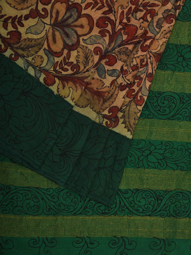 Cream and Green Kalamkari Hand Painted Gadwal Silk Handloom Saree with Floral Design KL0707