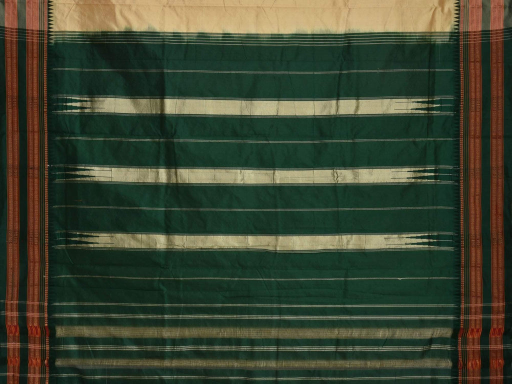 Cream and Green Narayanpet Silk Handloom Plain Saree with Contrast Pallu np0122