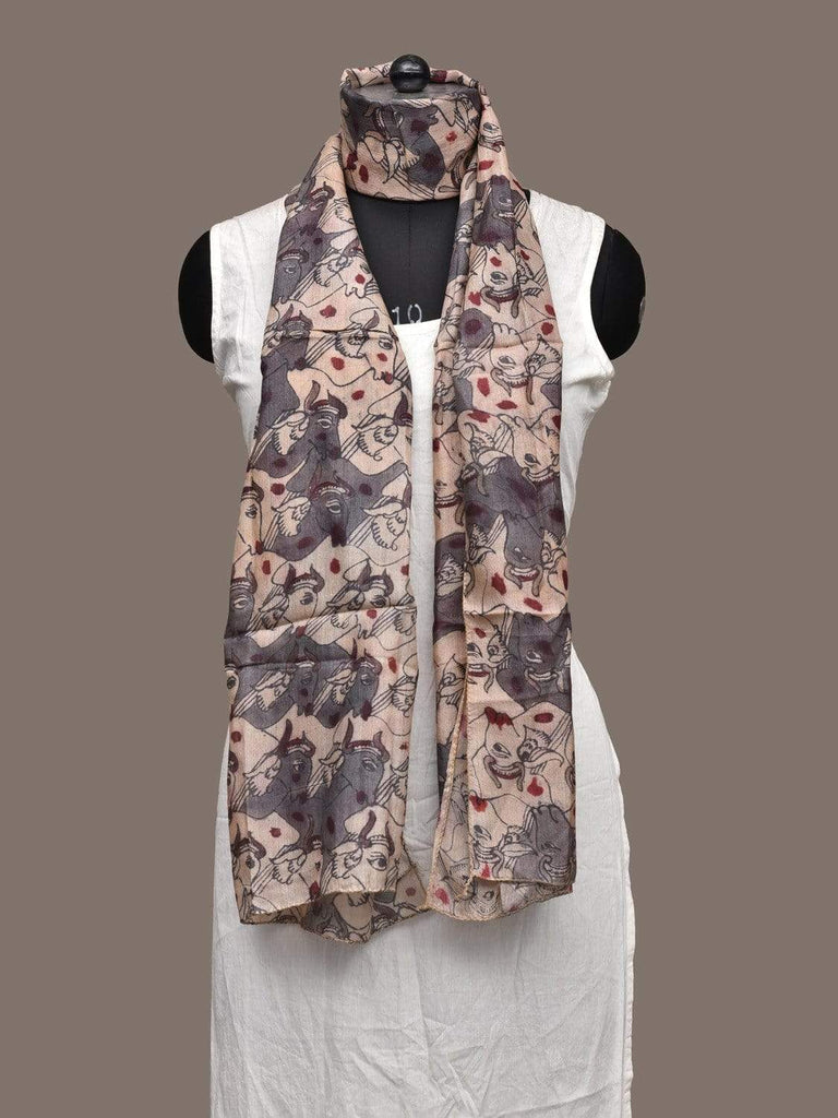 Cream and Grey Kalamkari Hand Painted Tussar Handloom Stole with Cows Design ds2073