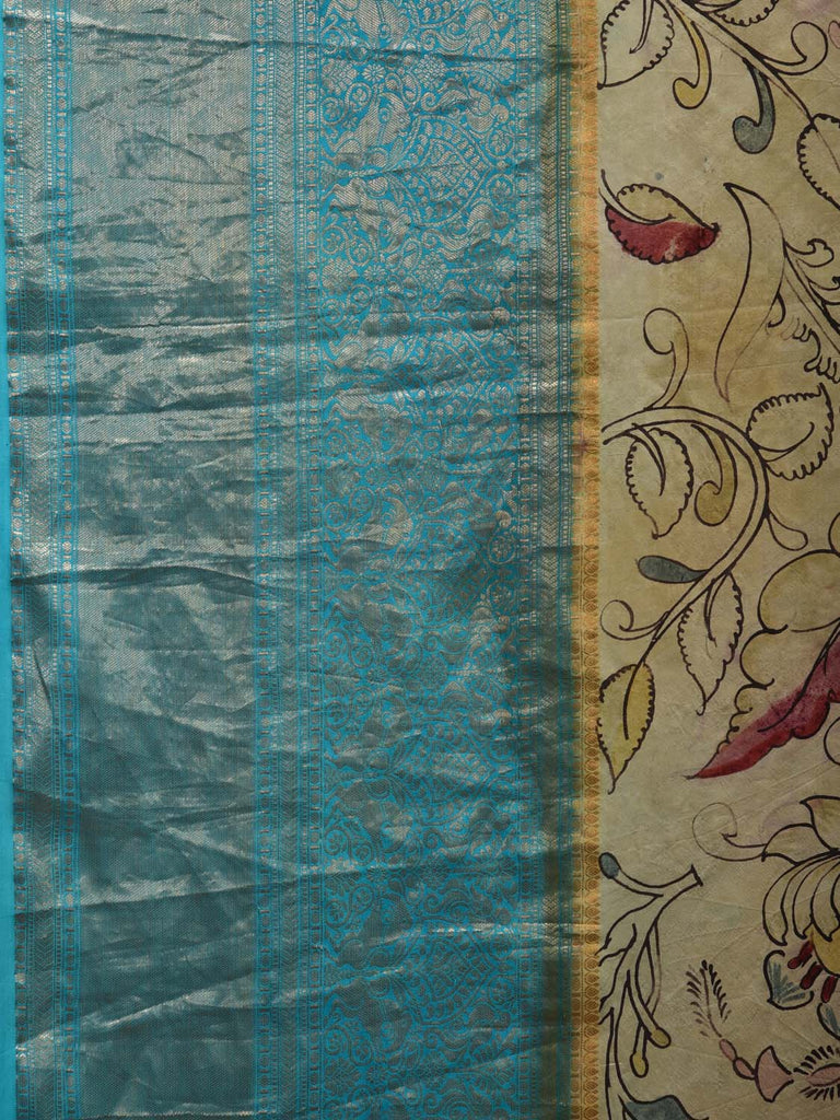 Cream and Light Blue Kalamkari Hand Painted Kanchipuram Silk Handloom Saree with Krishna and Floral Design KL0698