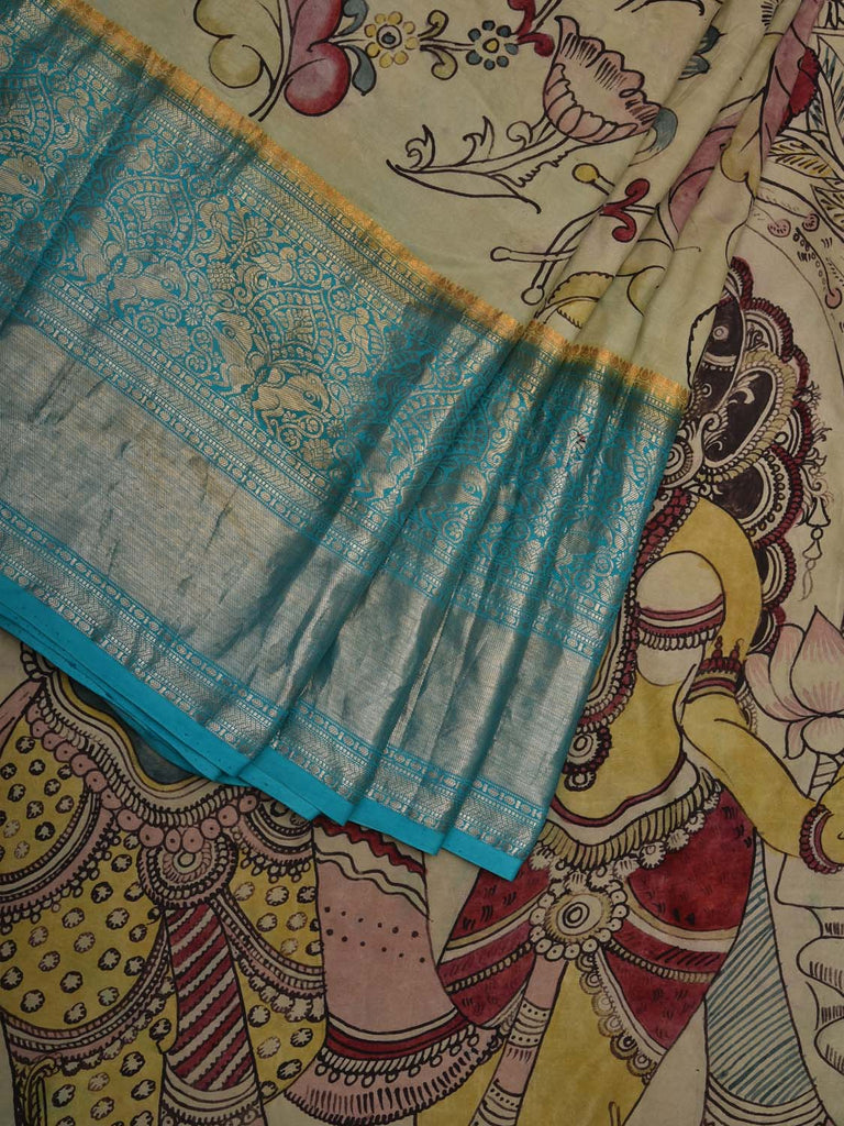 Cream and Light Blue Kalamkari Hand Painted Kanchipuram Silk Handloom Saree with Krishna and Floral Design KL0698