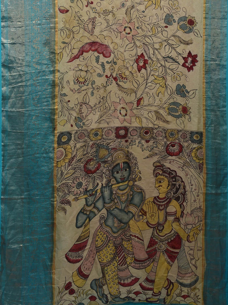 Cream and Light Blue Kalamkari Hand Painted Kanchipuram Silk Handloom Saree with Krishna and Floral Design KL0698