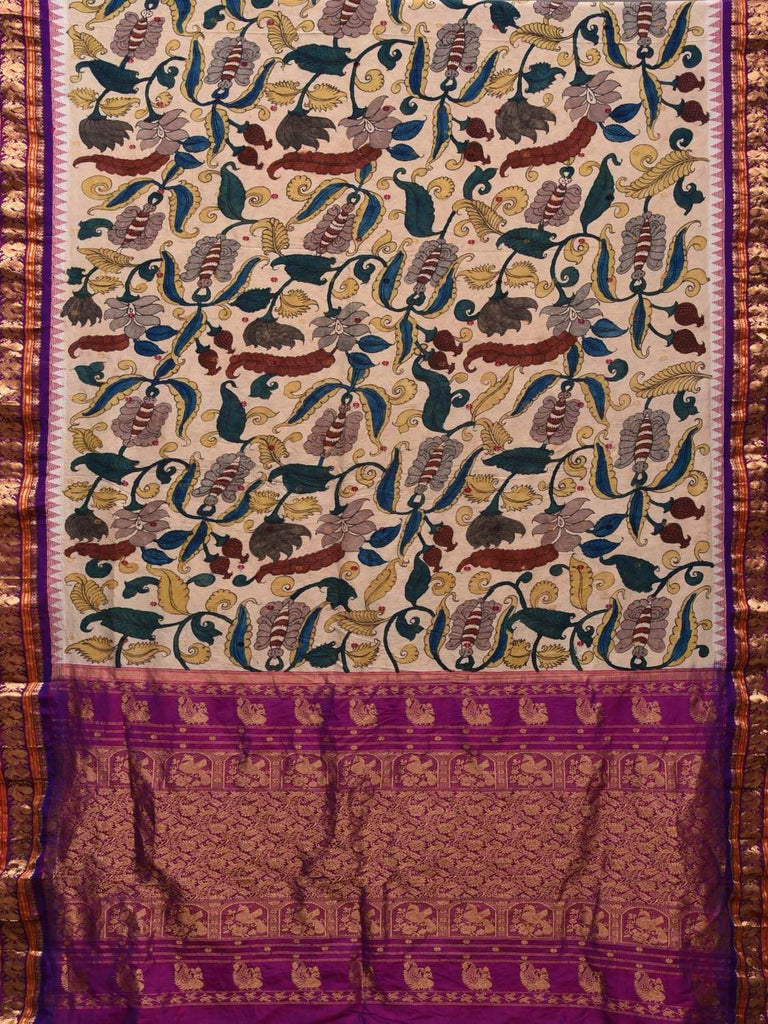 Cream and Purple Kalamkari Hand Painted Kanchipuram Silk Handloom Saree with Floral Design KL0506