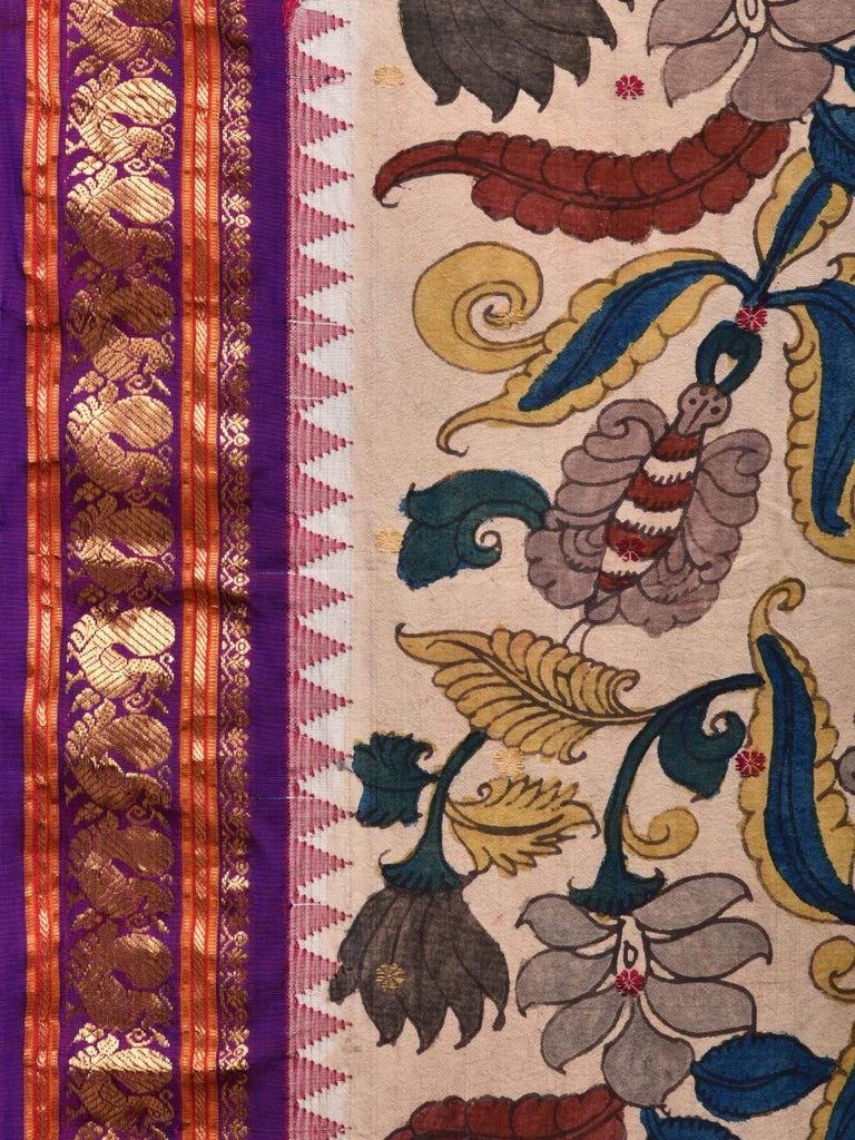 Cream and Purple Kalamkari Hand Painted Kanchipuram Silk Handloom Saree with Floral Design KL0506