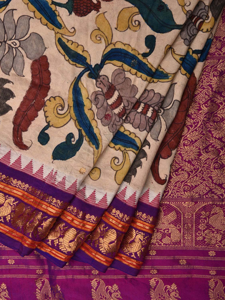 Cream and Purple Kalamkari Hand Painted Kanchipuram Silk Handloom Saree with Floral Design KL0506