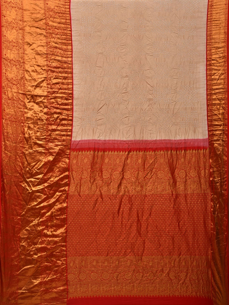 Cream and Red Bandhani Kanchipuram Silk Handloom Saree with Border and Pallu Design bn0408