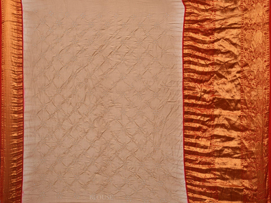 Cream and Red Bandhani Kanchipuram Silk Handloom Saree with Border and Pallu Design bn0408
