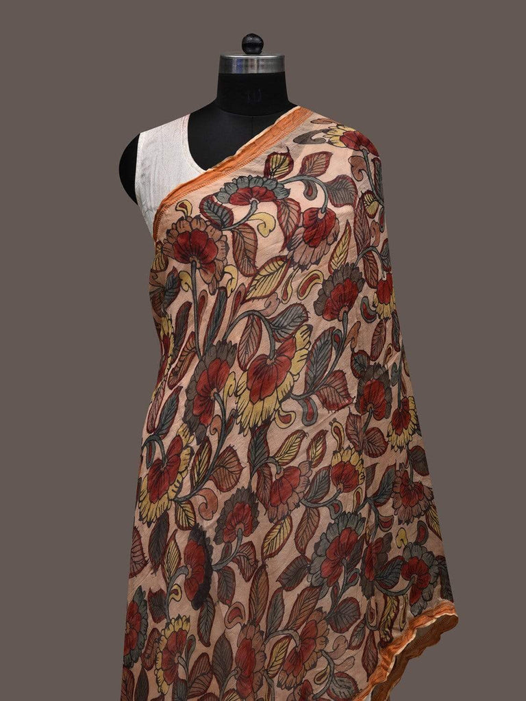 Cream and Red Kalamkari Hand Painted Georgette Dupatta with Floral Design ds2377