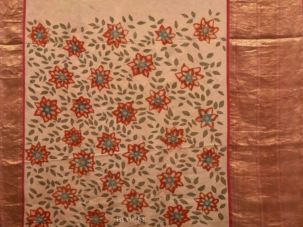 Cream and Red Kalamkari Hand Painted Kanchipuram Silk Handloom Saree with Floral and Peacocks Design KL0567
