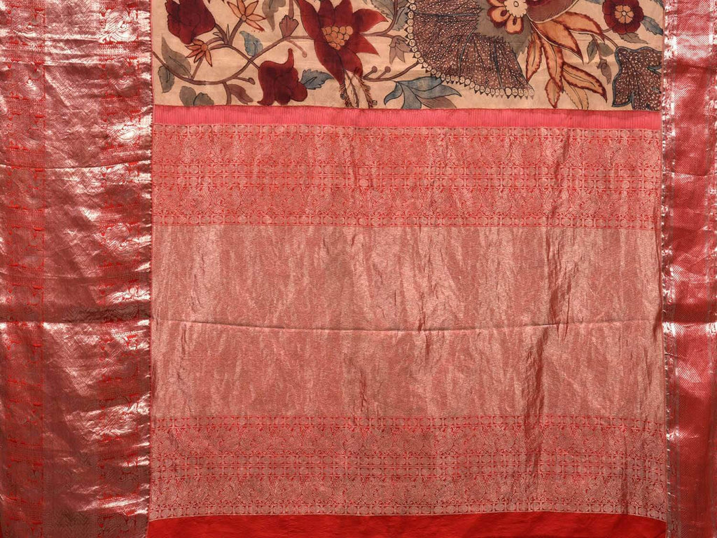 Cream and Red Kalamkari Hand Painted Kanchipuram Silk Handloom Saree with Floral Design KL0521