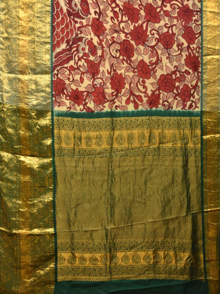Cream and Red Kalamkari Hand Painted Kanchipuram Silk Handloom Saree with Flowers and Parrots Design KL0438