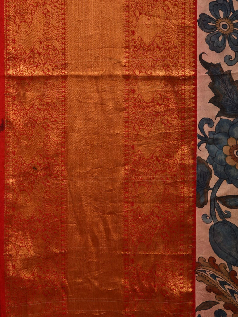 Cream and Red Kalamkari Hand Painted Kanchipuram Silk Handloom Saree with Peacocks and Floral Design KL0666