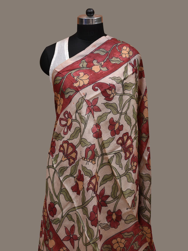 Cream and Red Kalamkari Hand Painted Tussar Handloom Dupatta with Floral and Border Design ds2769
