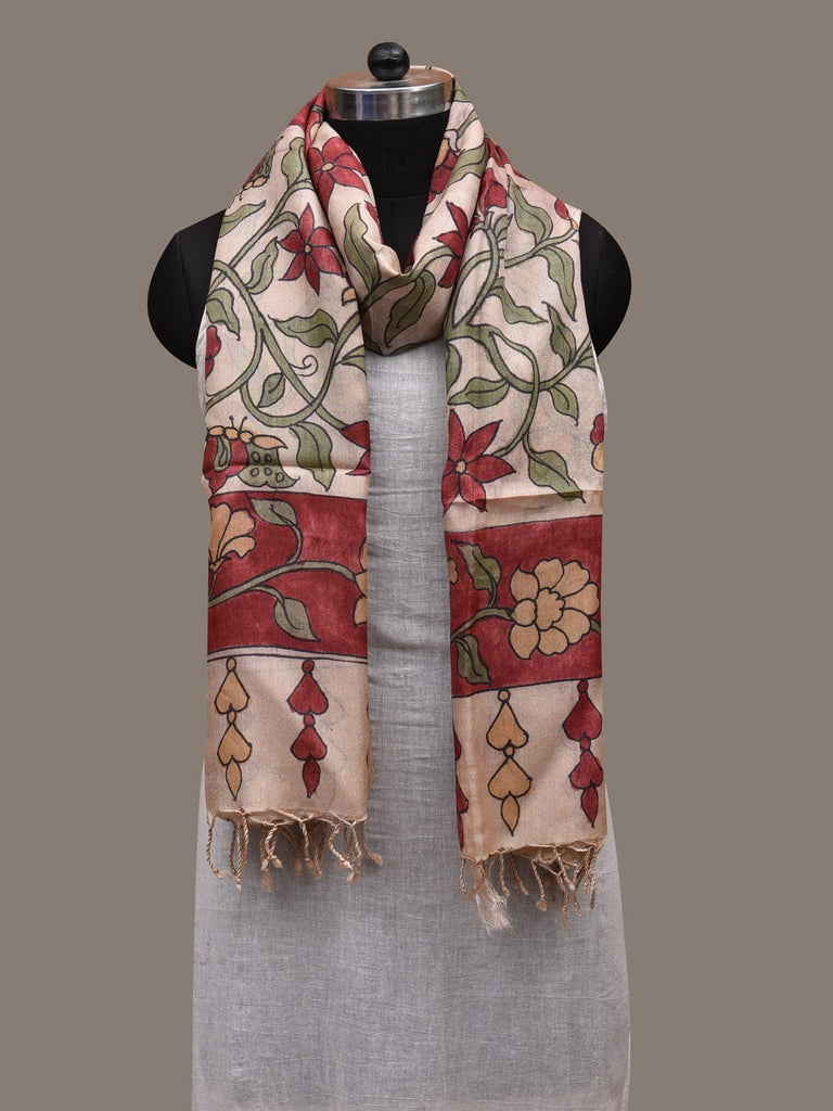 Cream and Red Kalamkari Hand Painted Tussar Handloom Dupatta with Floral and Border Design ds2769
