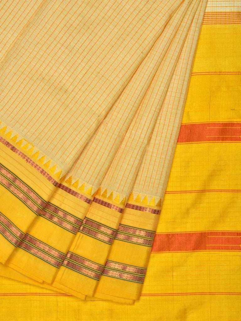 Cream and Yellow Narayanpet Silk Handloom Saree with Checks and Contrast Pallu Design No Blouse np0238