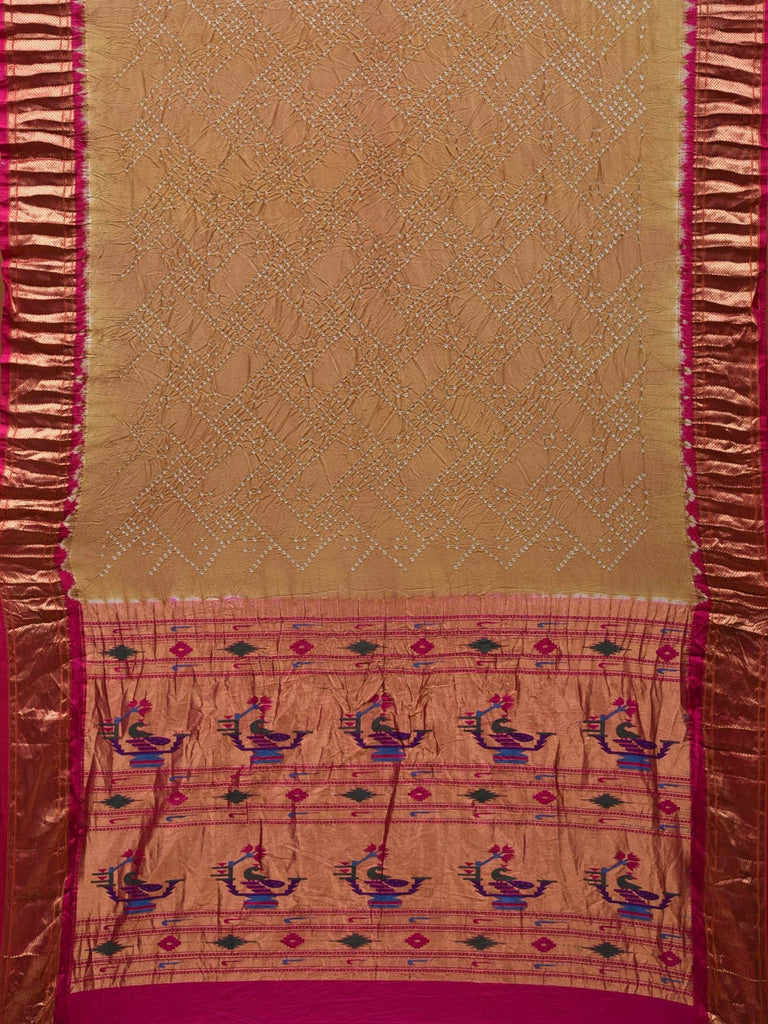 Cream Bandhani Paithani Silk Handloom Saree with Pallu Design bn0339