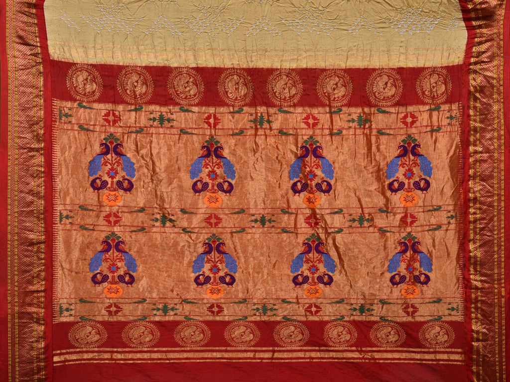 Cream Bandhani Paithani Silk Handloom Saree with Pallu Design bn0371