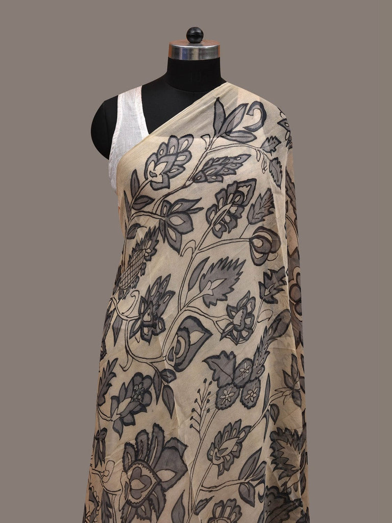 Cream Kalamkari Hand Painted Chiffon Dupatta with Floral Design ds2818