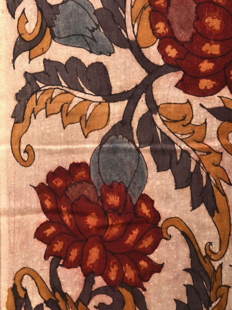 Cream Kalamkari Hand Painted Cotton Handloom 3mts Fabric with Lotus Flowers Design f0208