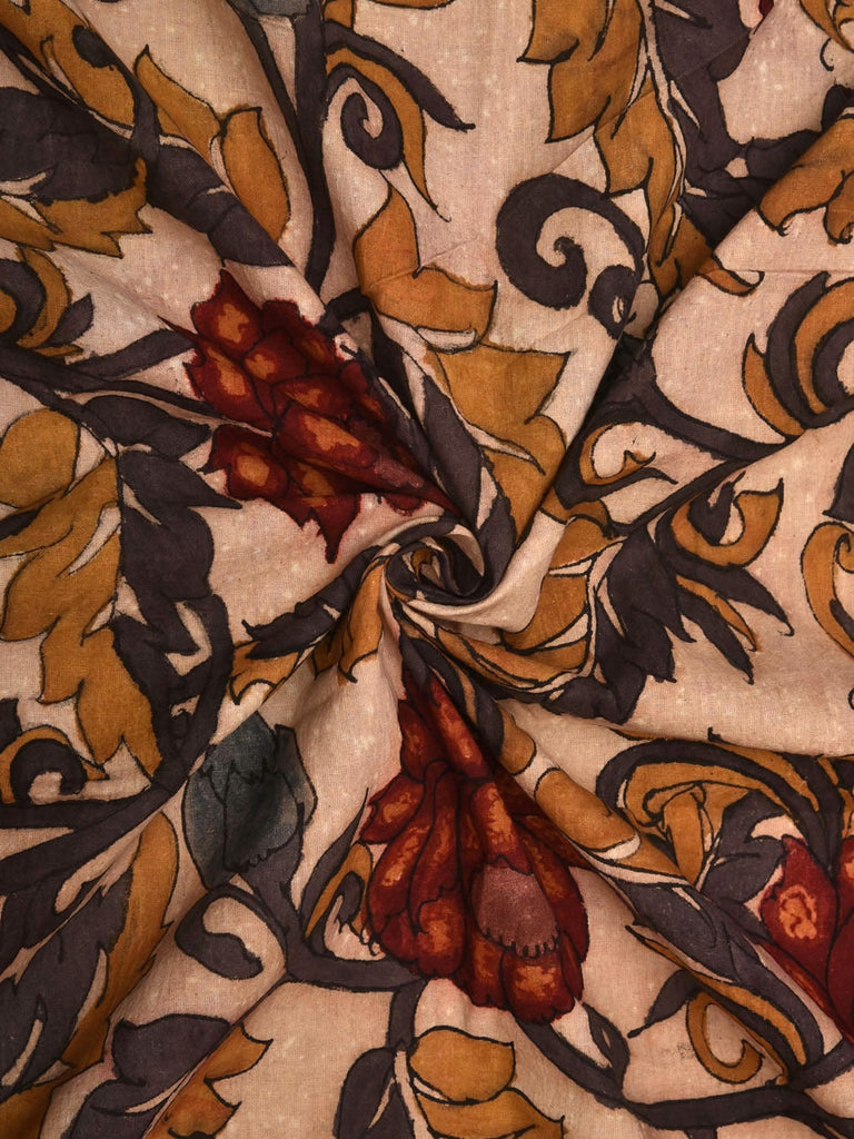 Cream Kalamkari Hand Painted Cotton Handloom 3mts Fabric with Lotus Flowers Design f0208