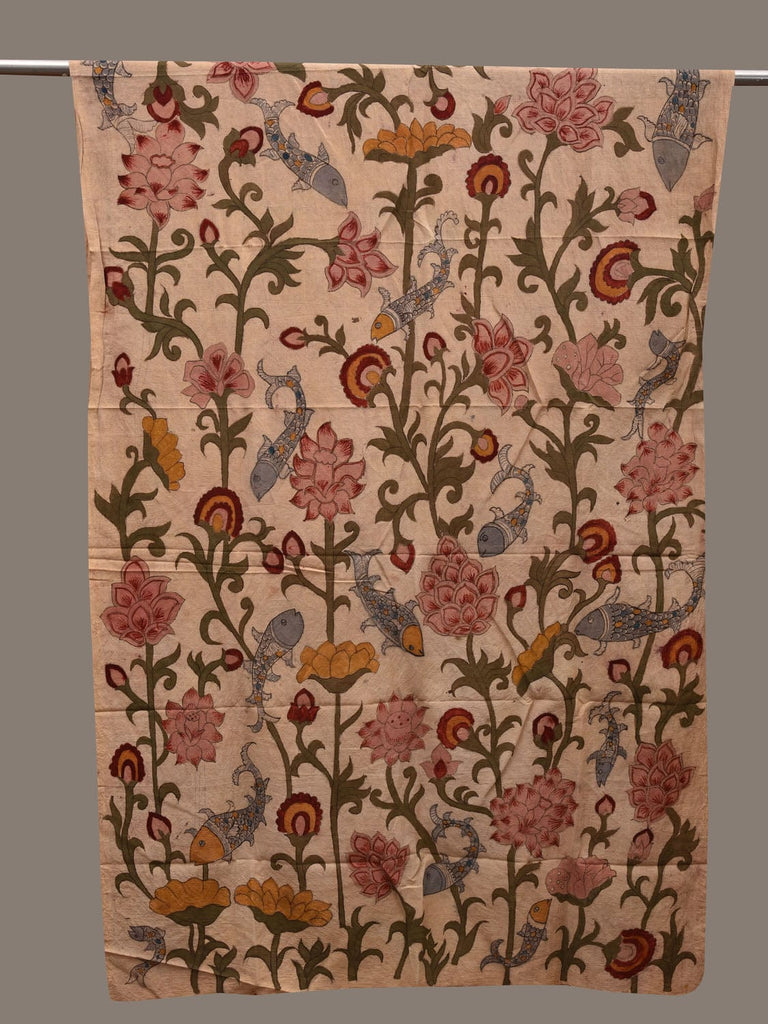 Cream Kalamkari Hand Painted Cotton Handloom Dupatta with Floral and Fishes Design ds2842