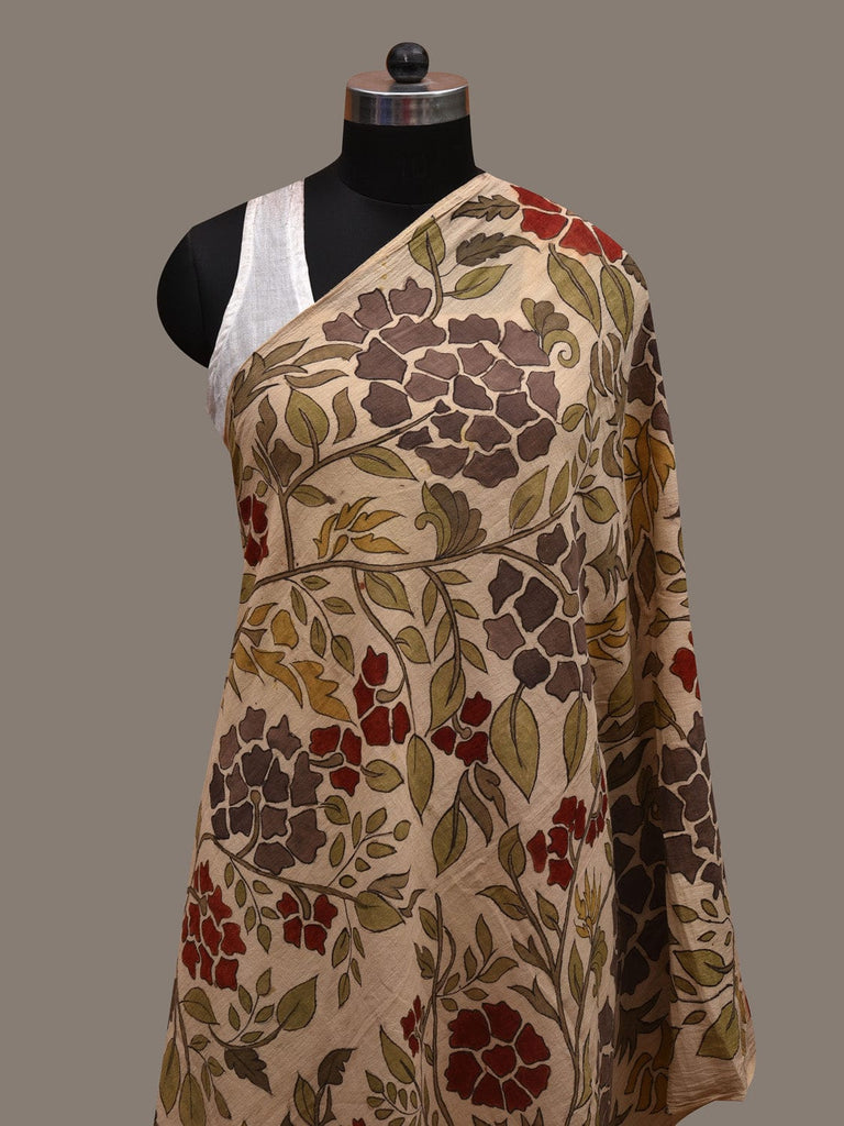 Cream Kalamkari Hand Painted Cotton Handloom Dupatta with Floral and Trees Design ds2735