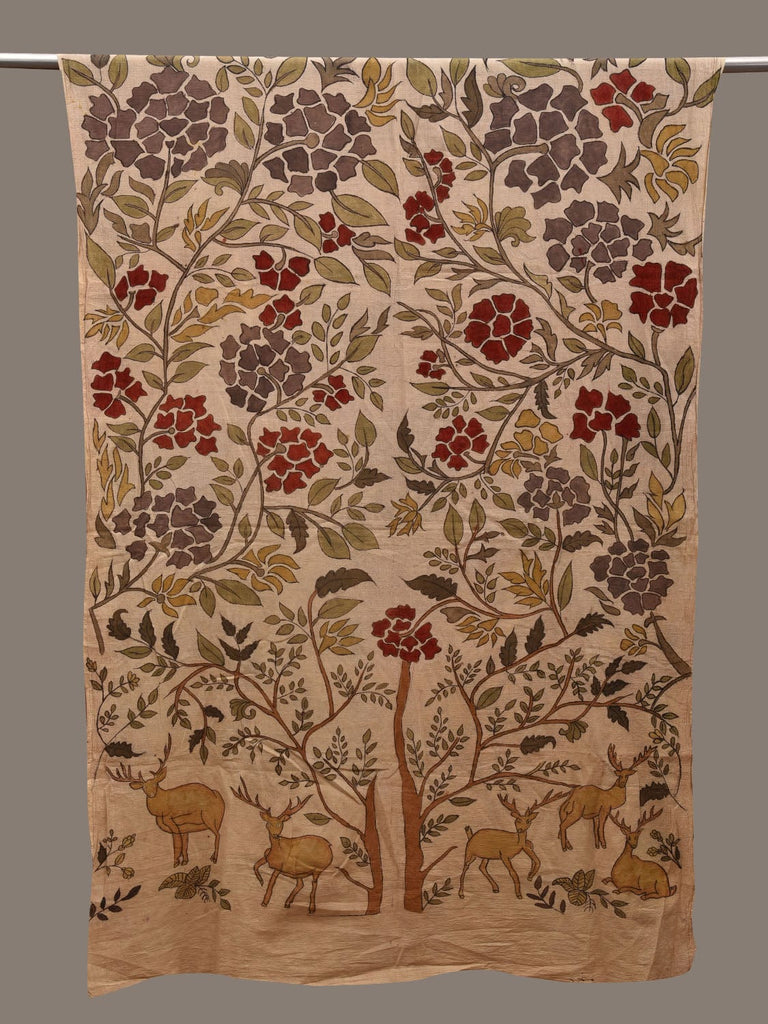 Cream Kalamkari Hand Painted Cotton Handloom Dupatta with Floral and Trees Design ds2735