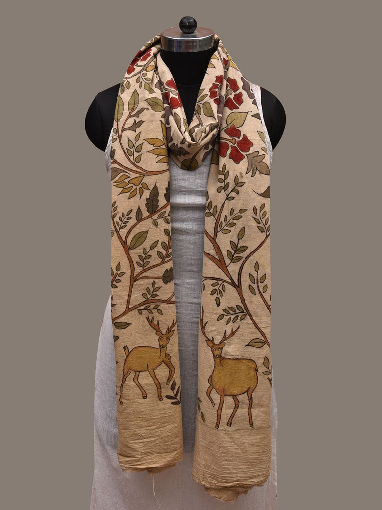 Cream Kalamkari Hand Painted Cotton Handloom Dupatta with Floral and Trees Design ds2735