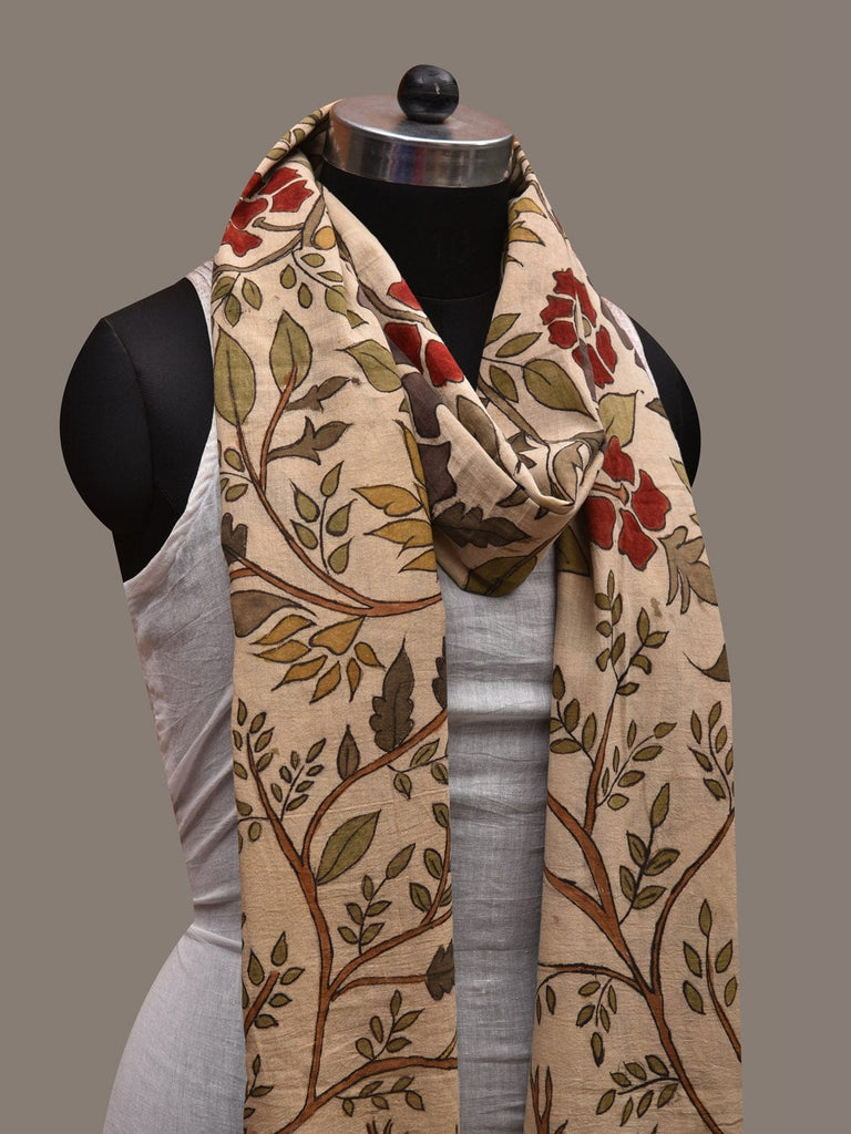 Cream Kalamkari Hand Painted Cotton Handloom Dupatta with Floral and Trees Design ds2735
