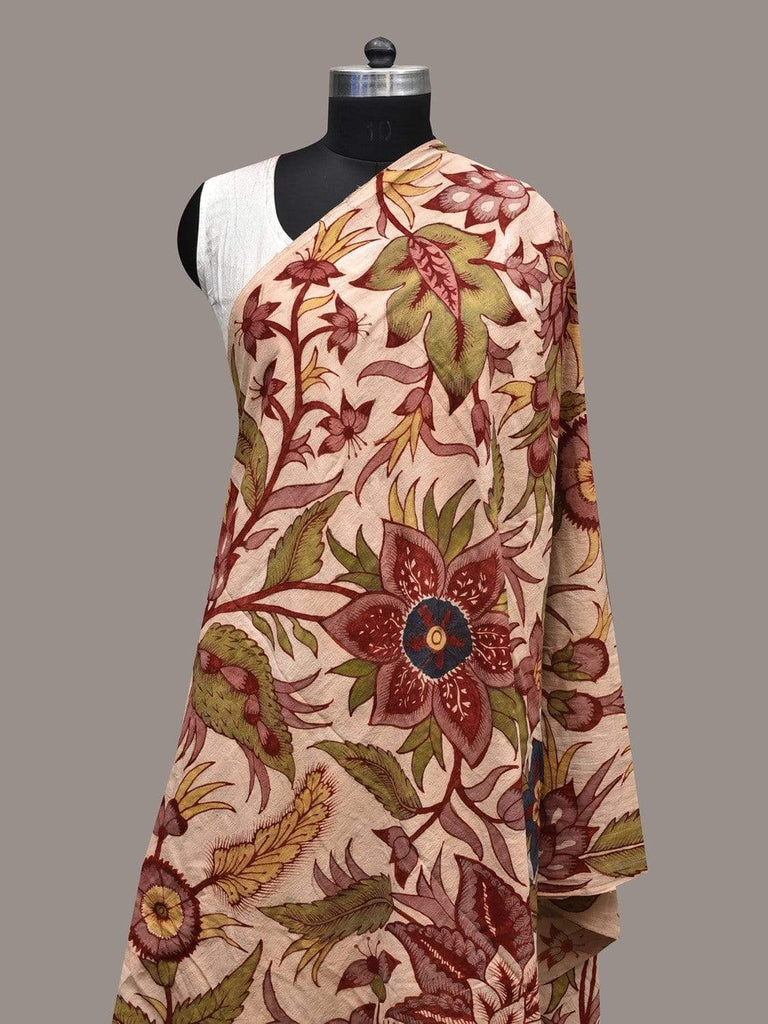 Cream Kalamkari Hand Painted Cotton Handloom Dupatta with Floral Design ds2363