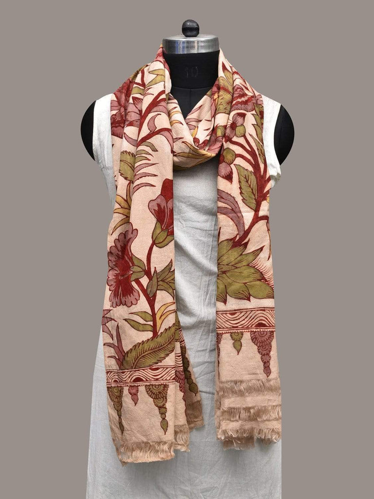 Cream Kalamkari Hand Painted Cotton Handloom Dupatta with Floral Design ds2363