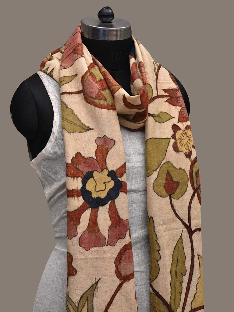 Cream Kalamkari Hand Painted Cotton Handloom Dupatta with Floral Design ds2548