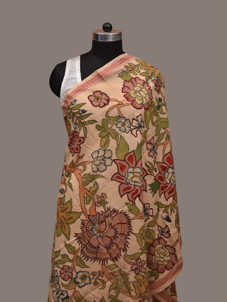 Cream Kalamkari Hand Painted Cotton Handloom Dupatta with Floral Design ds2980