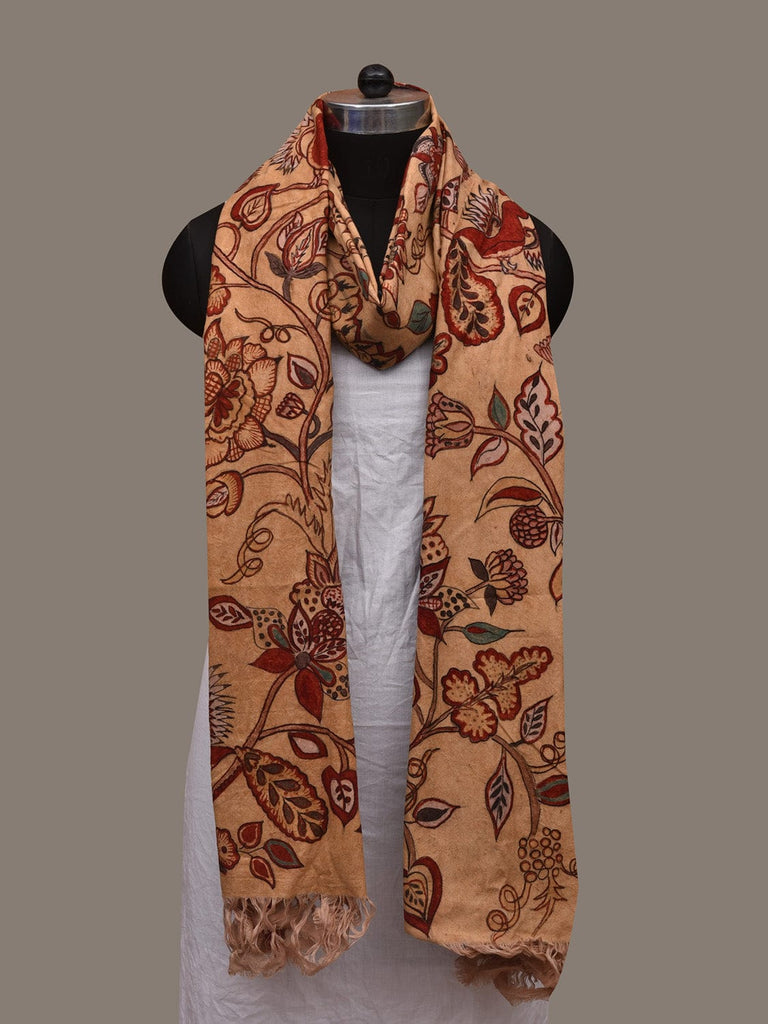 Cream Kalamkari Hand Painted Cotton Handloom Dupatta with Floral-Peacock and Doby Border Design ds3116