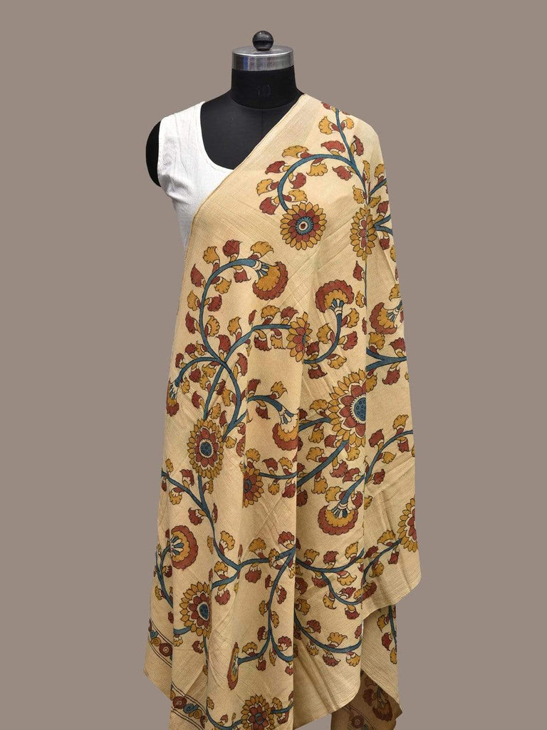 Cream Kalamkari Hand Painted Cotton Handloom Dupatta with Flowers Design ds2015