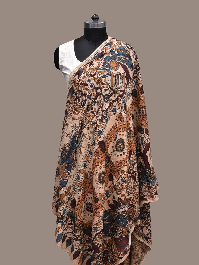 Cream Kalamkari Hand Painted Cotton Handloom Dupatta with Krishna Design ds2064