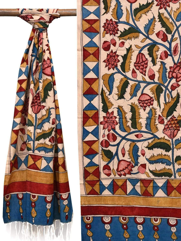Cream Kalamkari Hand Painted Cotton Handloom Dupatta with Lotus Flowers Design ds2062